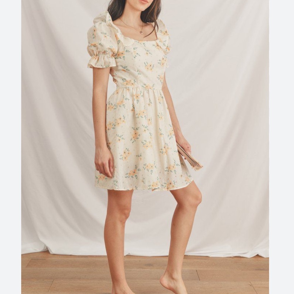 STORIA Wendy Darling Eyelet Floral Print Puff Sleeve Dress sz Small